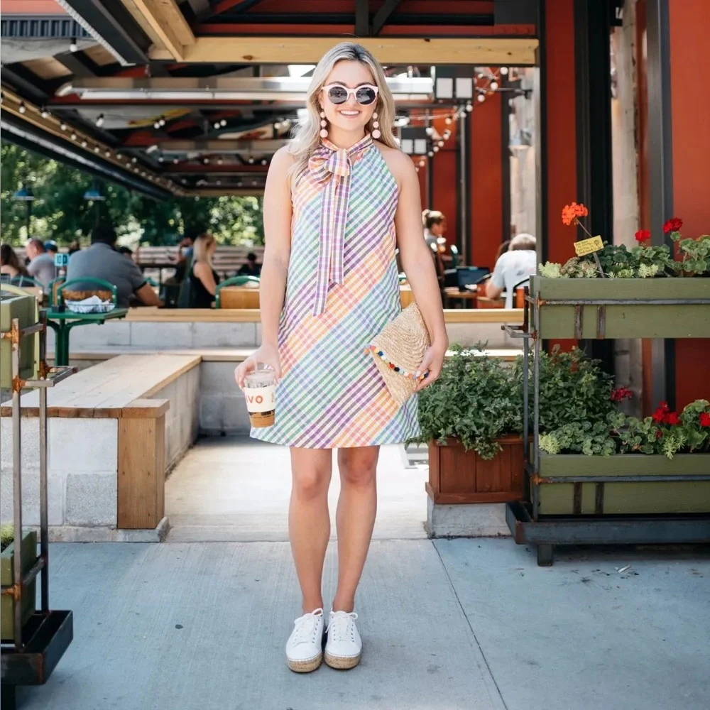 J. Crew Tie Neck Rainbow Gingham Dress - 4